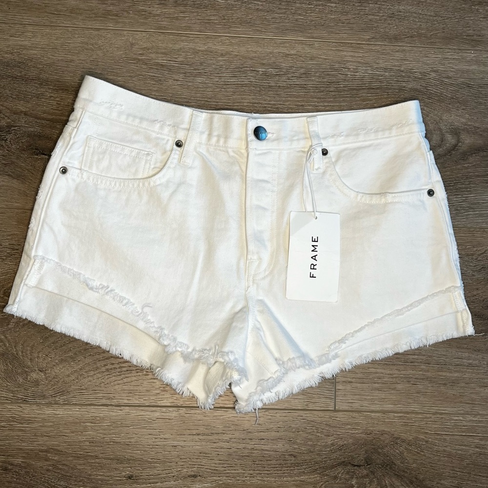 FRAME Denim Front Cuff High Waist Shorts White Size 28 NWT